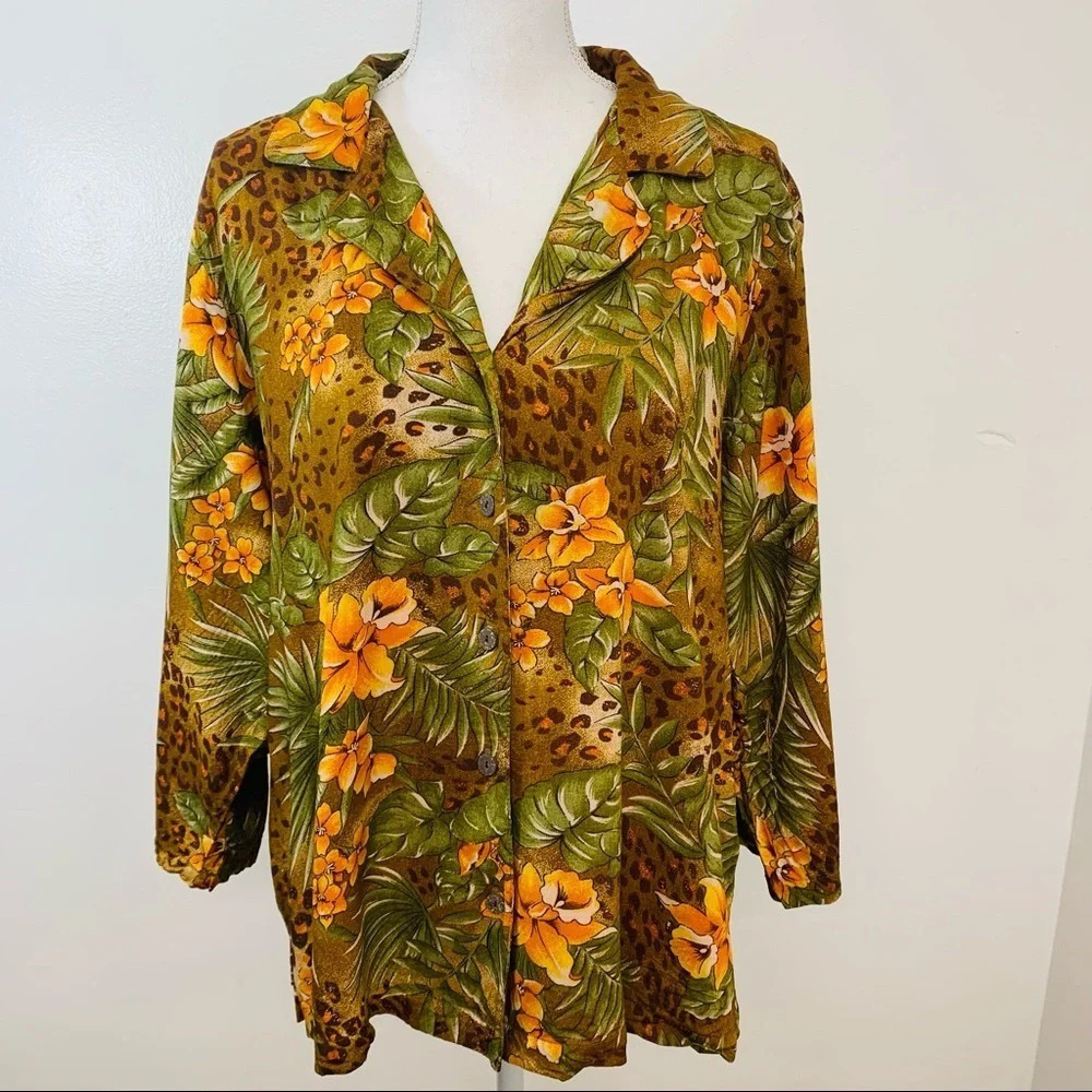 Vintage Blouse Top  Woman 1X Floral Leaf Print  3/4 Sleeve Button Front Office‎